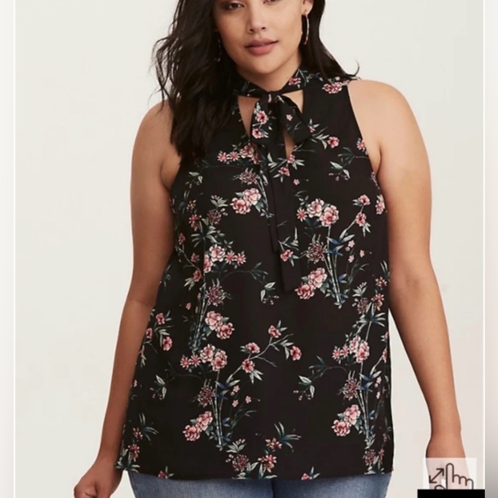Torrid Floral Tie Neck Georgette Blouse Black Pink Green 2X